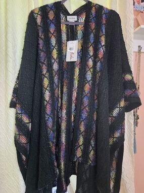 Moda Black Open-Front Knit Poncho with Multicolor Rainbow Accents